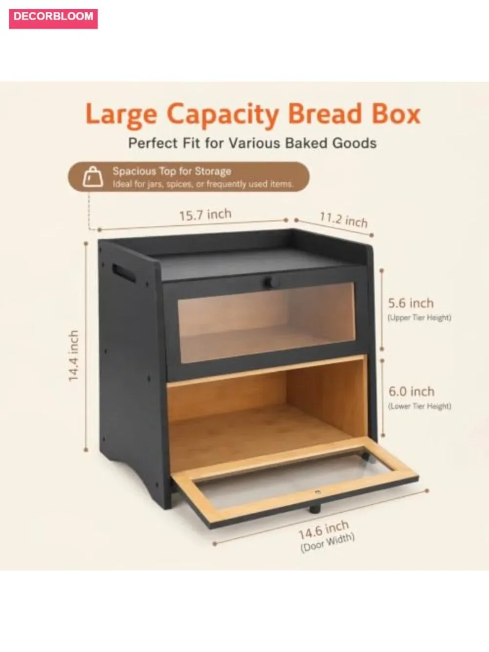 Large Double Layer Bamboo Bread Box with Clear Window and Magnetic Closure